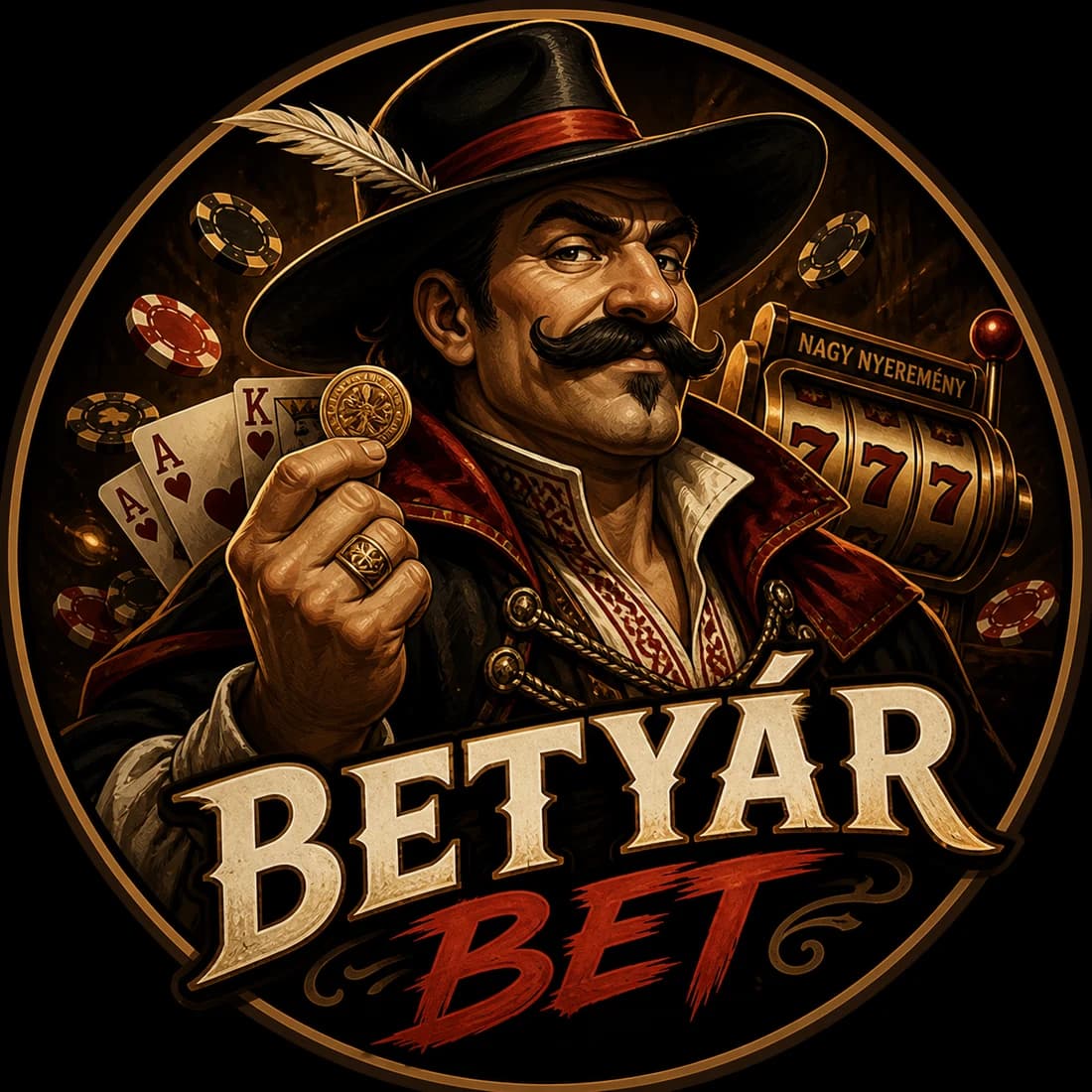 A Betyár Bet emblémája: betyár arany körbélyegzőben, kártyákkal és zsetonokkal.